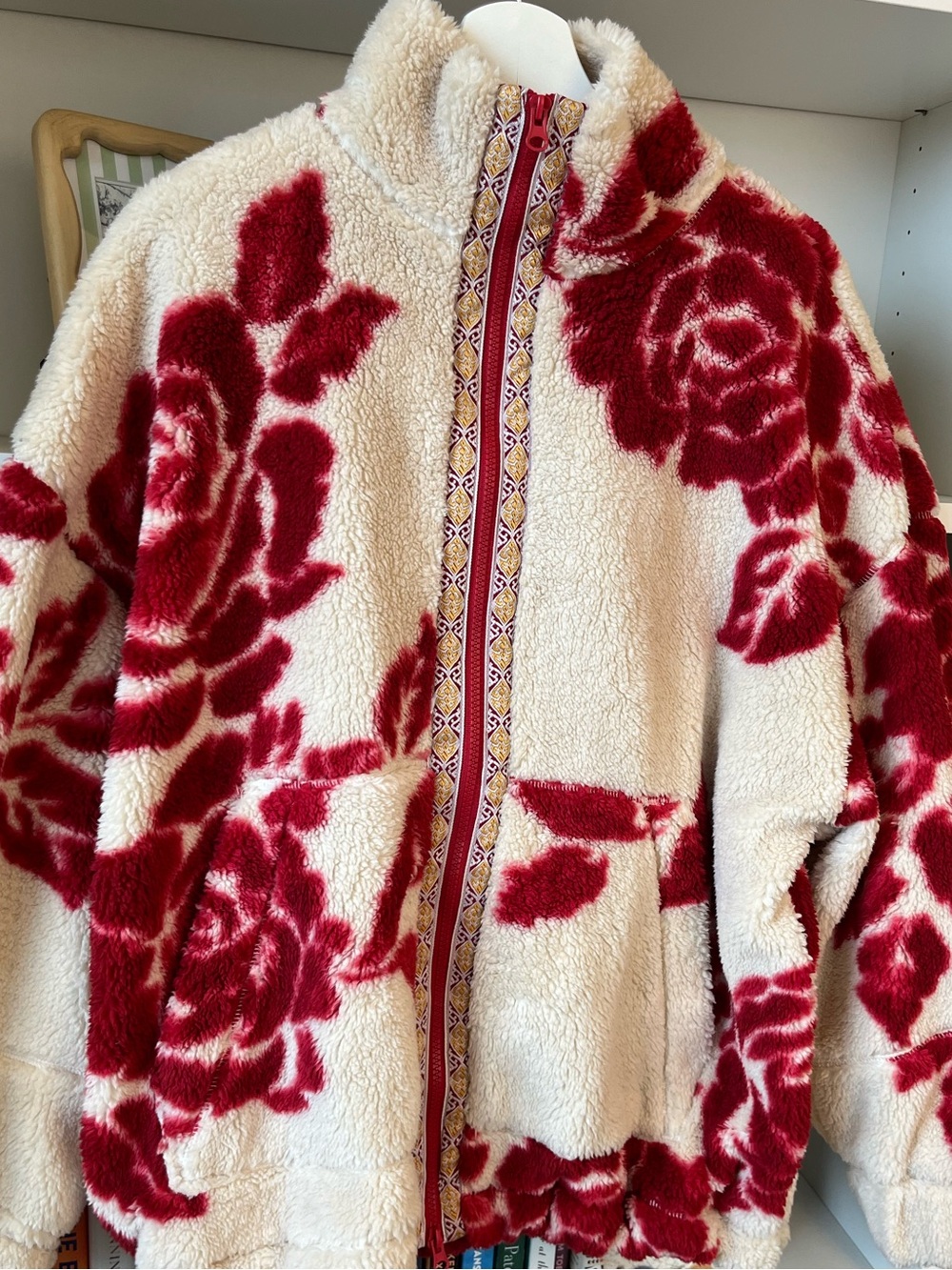 BDG Teddy Fur/Fleece Jacket NWT Cream & Red Roses